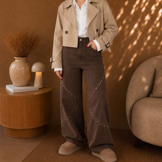 PHENIX - Pantalon flare chocolat clouté