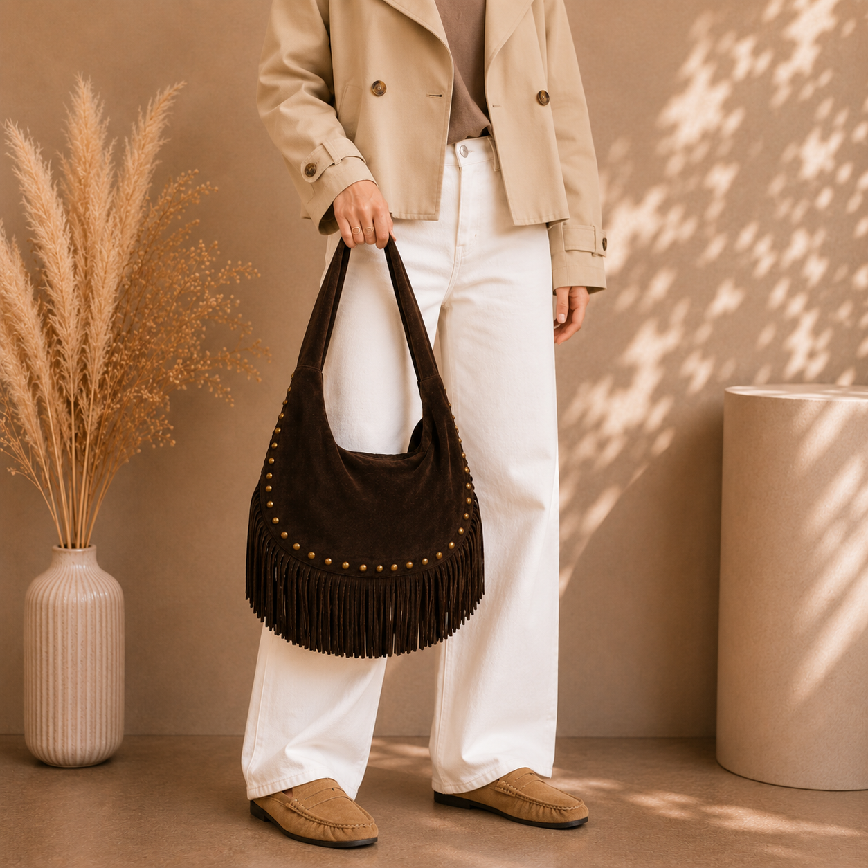 ARIZONA Chocolat- Sac suédé à franges
