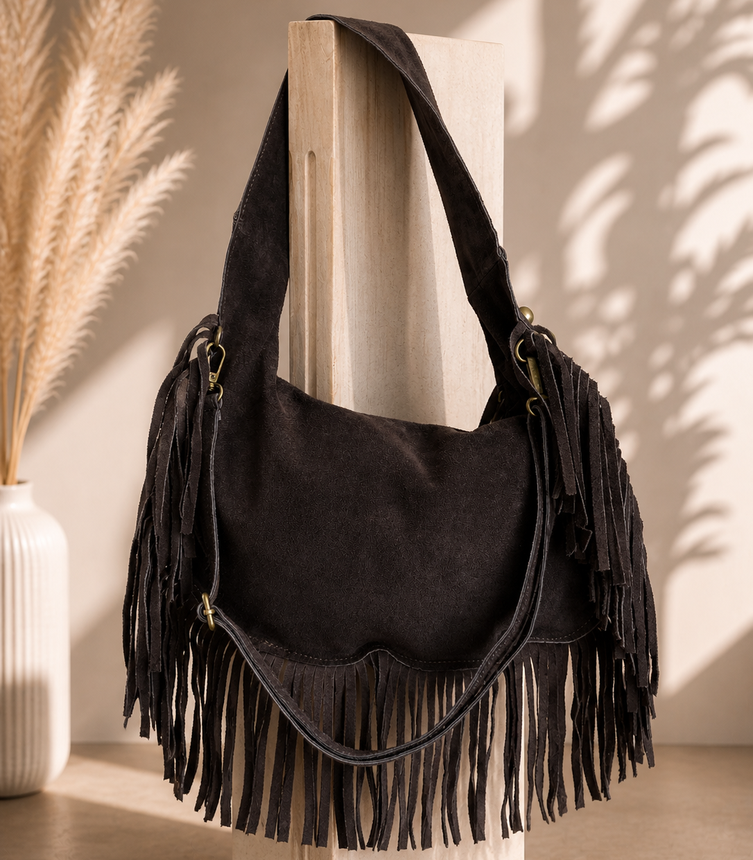 ARIZONA Chocolat- Sac suédé à franges