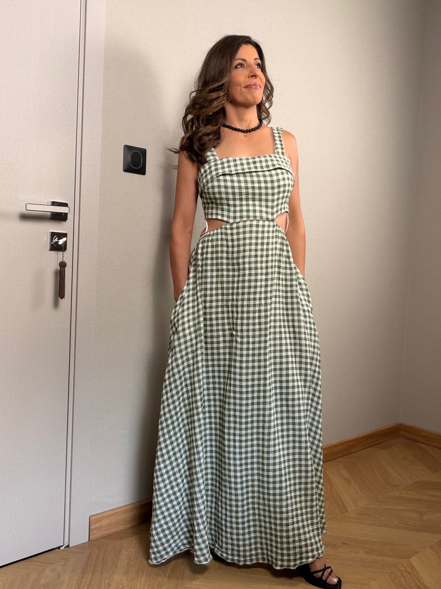 Robe longue vichy kaki TOSCANE
